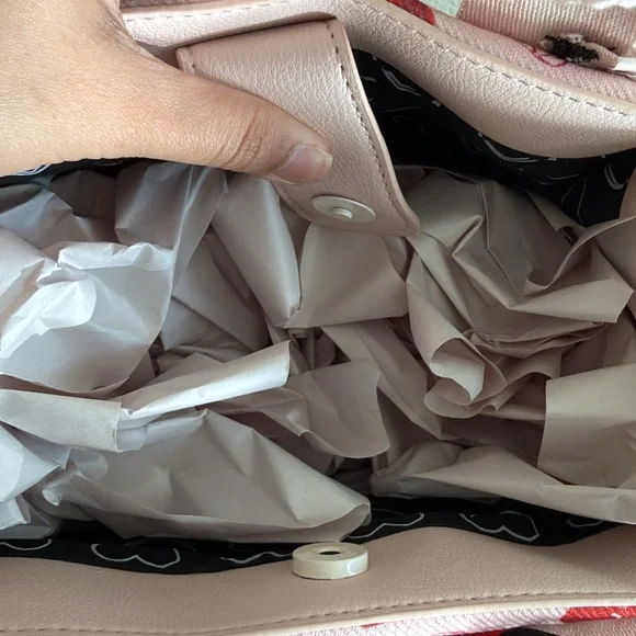 Betsey Johnson Pink Cherry Print Tote with Red Pom Charm - Picture 3 of 5